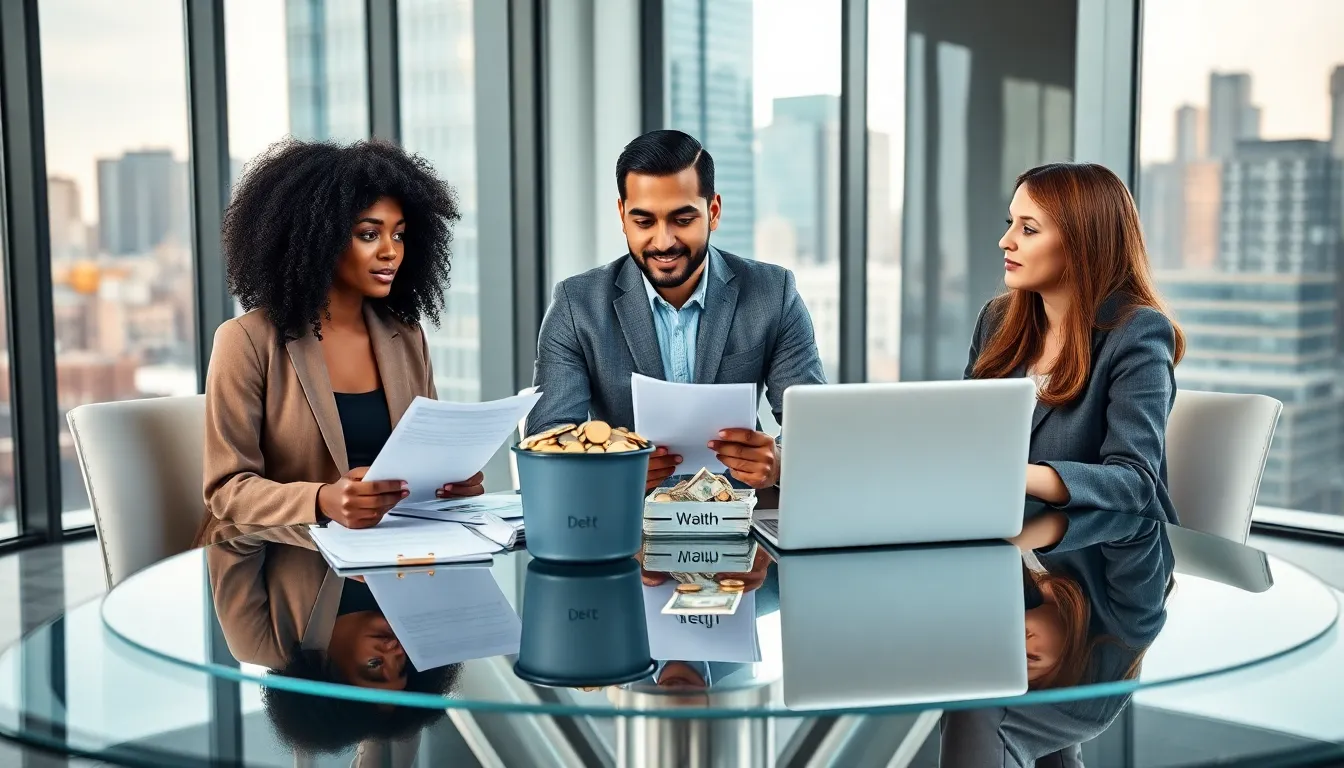 professionals discussing debt and wealth in a modern office.
