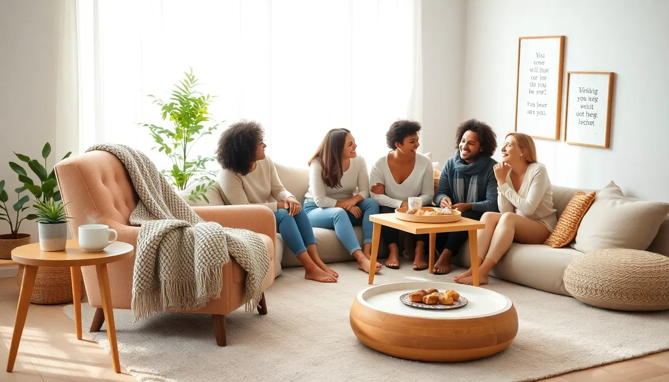 A cozy living space with friends enjoying tea and treats.